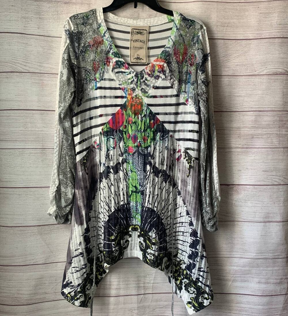 Vintage Concept Tunic Blouse Asymmetrical Bottom Tie Waist Multi-Pattern Size XL